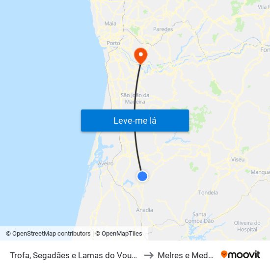 Trofa, Segadães e Lamas do Vouga to Melres e Medas map