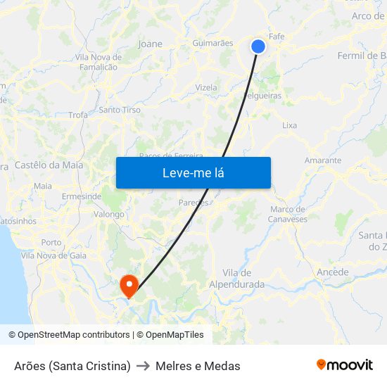 Arões (Santa Cristina) to Melres e Medas map