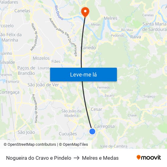 Nogueira do Cravo e Pindelo to Melres e Medas map