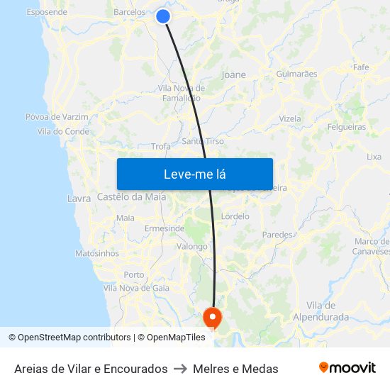 Areias de Vilar e Encourados to Melres e Medas map