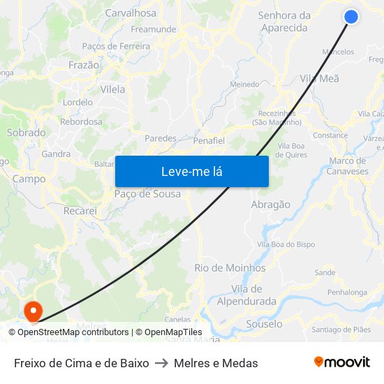 Freixo de Cima e de Baixo to Melres e Medas map