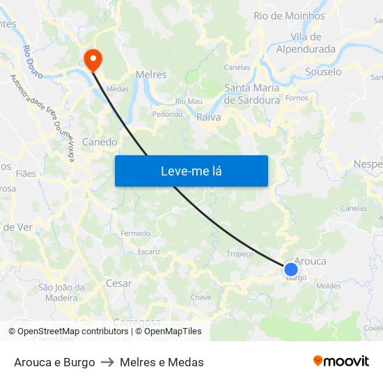 Arouca e Burgo to Melres e Medas map