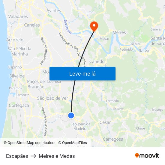 Escapães to Melres e Medas map