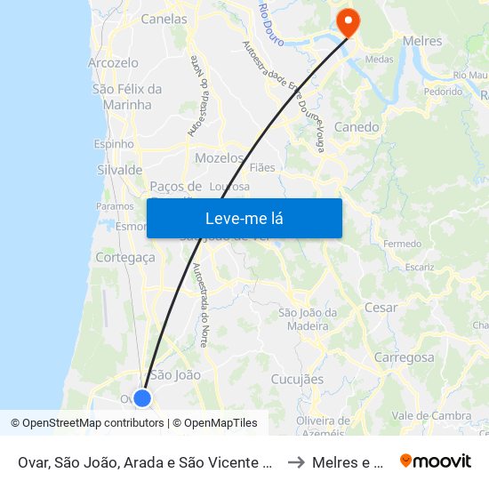 Ovar, São João, Arada e São Vicente de Pereira Jusã to Melres e Medas map