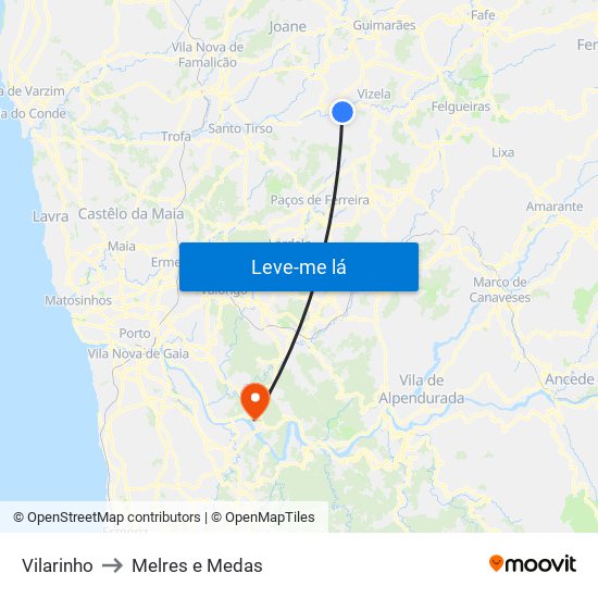 Vilarinho to Melres e Medas map