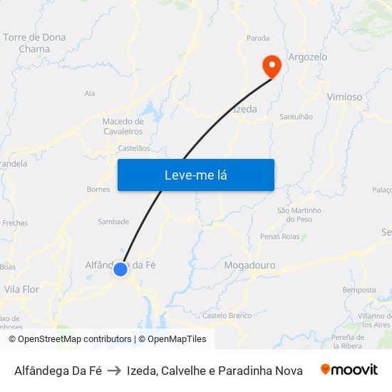 Alfândega Da Fé to Izeda, Calvelhe e Paradinha Nova map