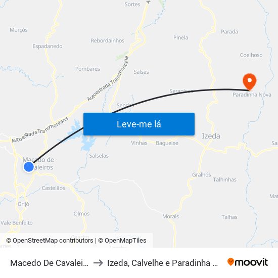 Macedo De Cavaleiros to Izeda, Calvelhe e Paradinha Nova map