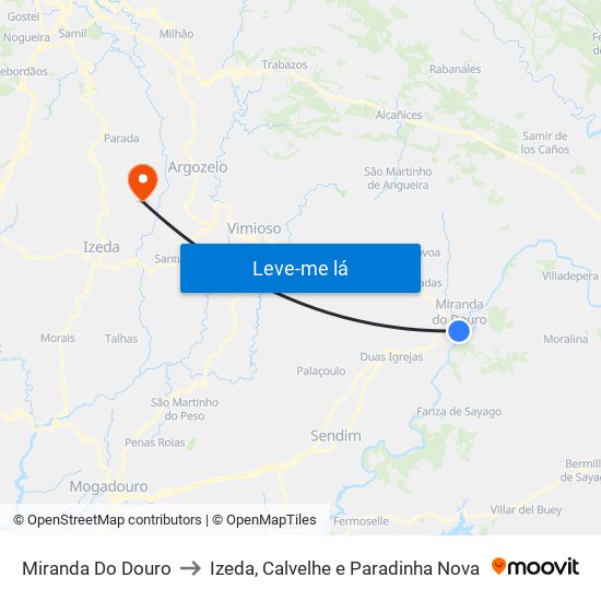 Miranda Do Douro to Izeda, Calvelhe e Paradinha Nova map