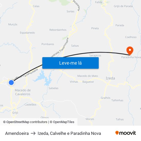 Amendoeira to Izeda, Calvelhe e Paradinha Nova map