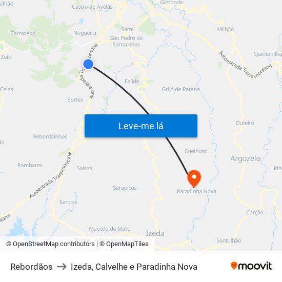 Rebordãos to Izeda, Calvelhe e Paradinha Nova map