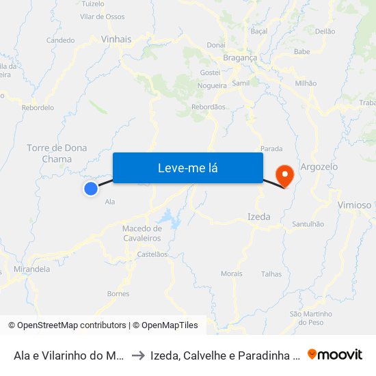 Ala e Vilarinho do Monte to Izeda, Calvelhe e Paradinha Nova map