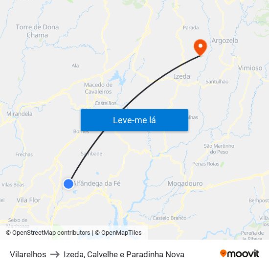 Vilarelhos to Izeda, Calvelhe e Paradinha Nova map