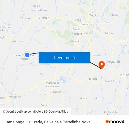 Lamalonga to Izeda, Calvelhe e Paradinha Nova map