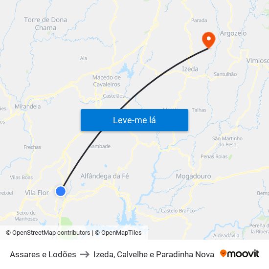 Assares e Lodões to Izeda, Calvelhe e Paradinha Nova map