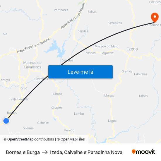 Bornes e Burga to Izeda, Calvelhe e Paradinha Nova map