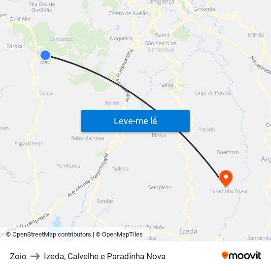 Zoio to Izeda, Calvelhe e Paradinha Nova map