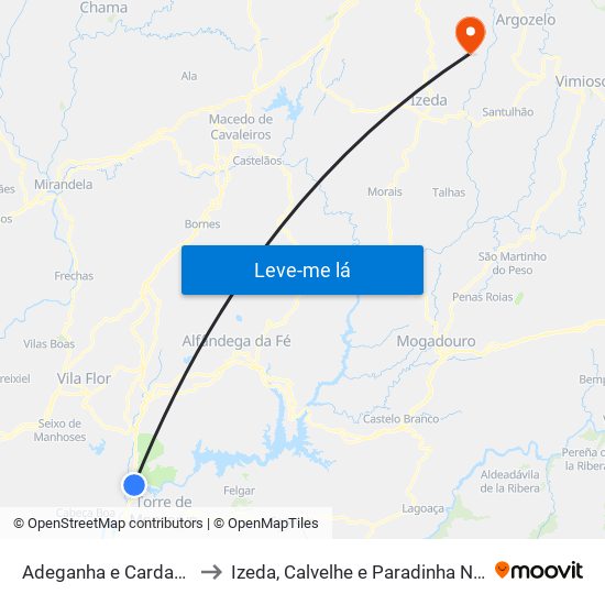 Adeganha e Cardanha to Izeda, Calvelhe e Paradinha Nova map