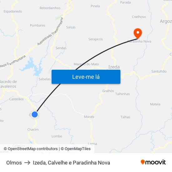 Olmos to Izeda, Calvelhe e Paradinha Nova map