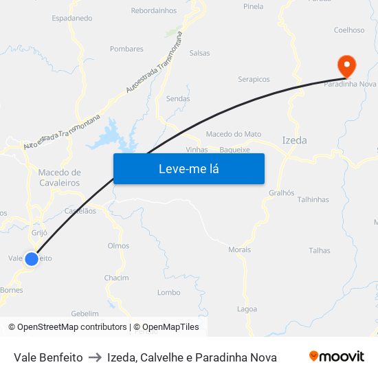 Vale Benfeito to Izeda, Calvelhe e Paradinha Nova map