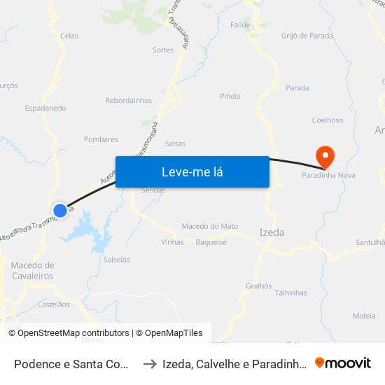 Podence e Santa Combinha to Izeda, Calvelhe e Paradinha Nova map