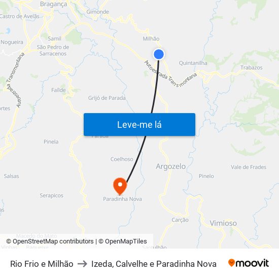 Rio Frio e Milhão to Izeda, Calvelhe e Paradinha Nova map