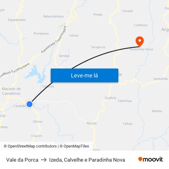 Vale da Porca to Izeda, Calvelhe e Paradinha Nova map