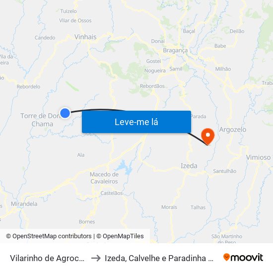 Vilarinho de Agrochão to Izeda, Calvelhe e Paradinha Nova map