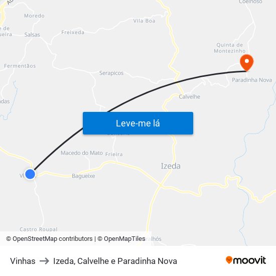 Vinhas to Izeda, Calvelhe e Paradinha Nova map