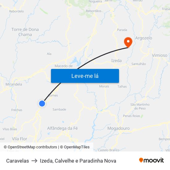 Caravelas to Izeda, Calvelhe e Paradinha Nova map