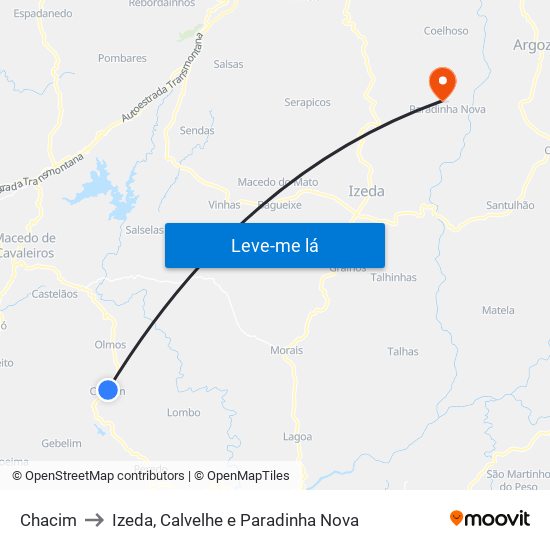 Chacim to Izeda, Calvelhe e Paradinha Nova map