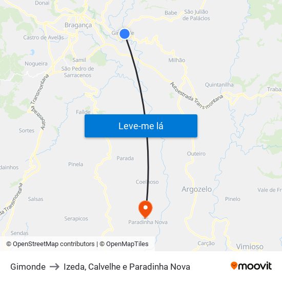 Gimonde to Izeda, Calvelhe e Paradinha Nova map