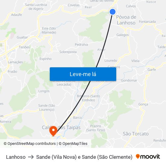 Lanhoso to Sande (Vila Nova) e Sande (São Clemente) map