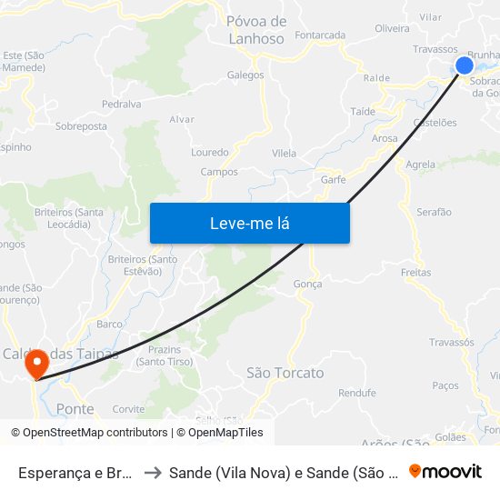 Esperança e Brunhais to Sande (Vila Nova) e Sande (São Clemente) map