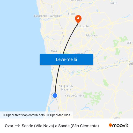 Ovar to Sande (Vila Nova) e Sande (São Clemente) map