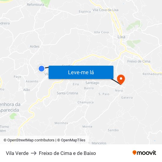 Vila Verde to Freixo de Cima e de Baixo map