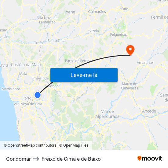 Gondomar to Freixo de Cima e de Baixo map