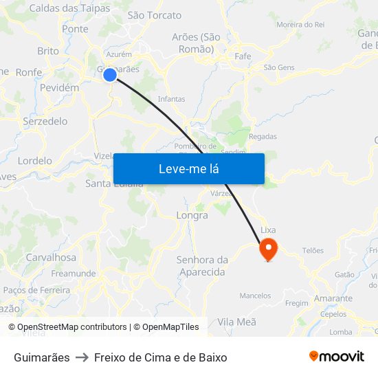 Guimarães to Freixo de Cima e de Baixo map