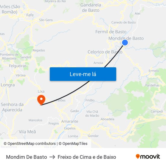 Mondim De Basto to Freixo de Cima e de Baixo map