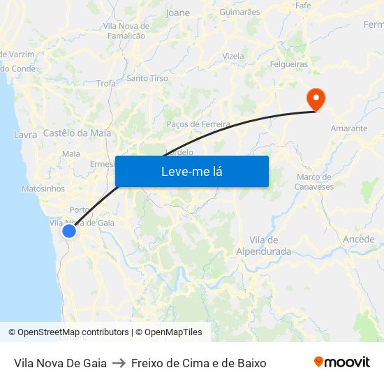Vila Nova De Gaia to Freixo de Cima e de Baixo map