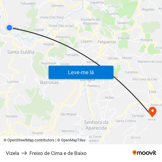 Vizela to Freixo de Cima e de Baixo map