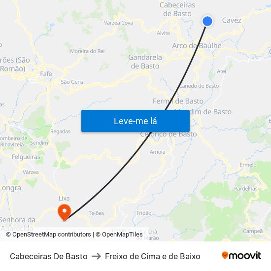 Cabeceiras De Basto to Freixo de Cima e de Baixo map