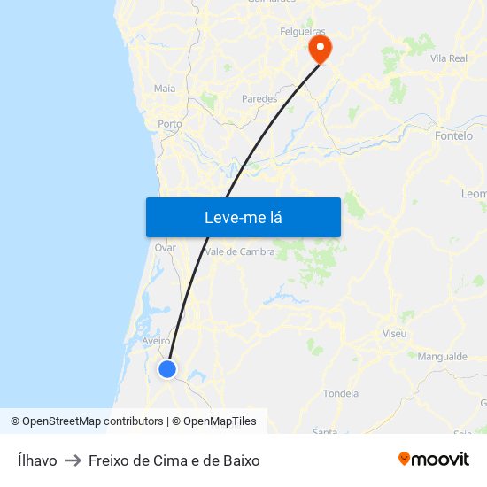 Ílhavo to Freixo de Cima e de Baixo map