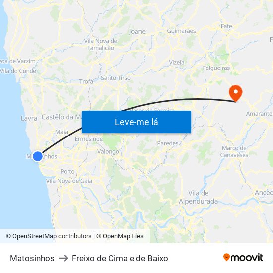 Matosinhos to Freixo de Cima e de Baixo map