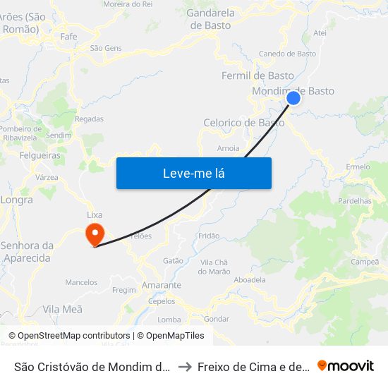 São Cristóvão de Mondim de Basto to Freixo de Cima e de Baixo map