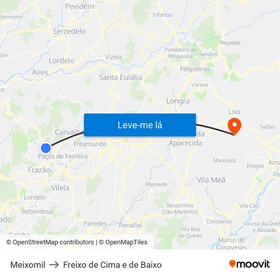 Meixomil to Freixo de Cima e de Baixo map