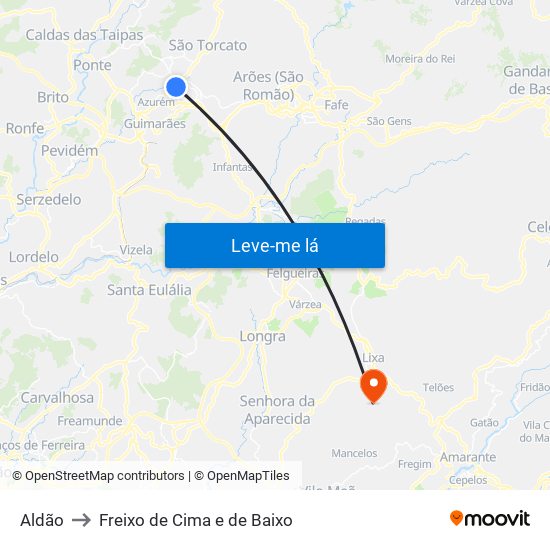 Aldão to Freixo de Cima e de Baixo map