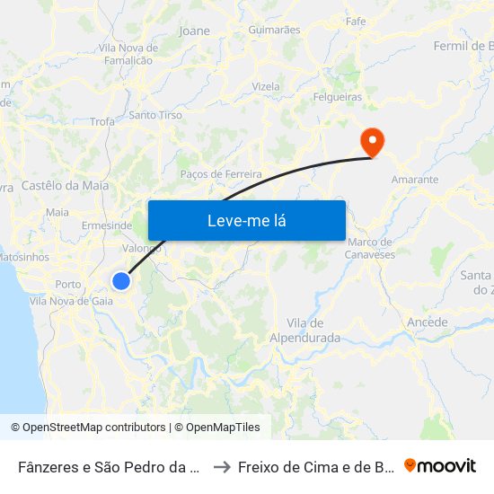 Fânzeres e São Pedro da Cova to Freixo de Cima e de Baixo map