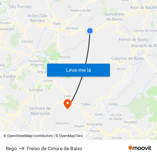 Rego to Freixo de Cima e de Baixo map