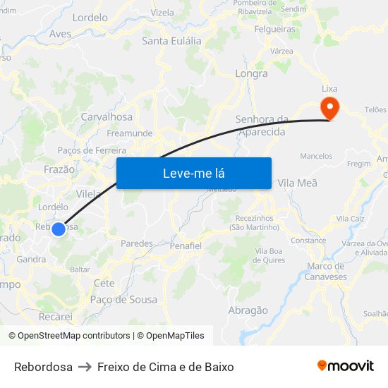 Rebordosa to Freixo de Cima e de Baixo map