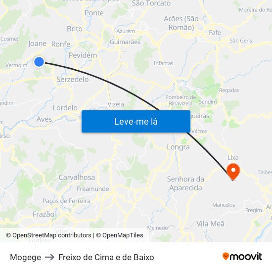 Mogege to Freixo de Cima e de Baixo map